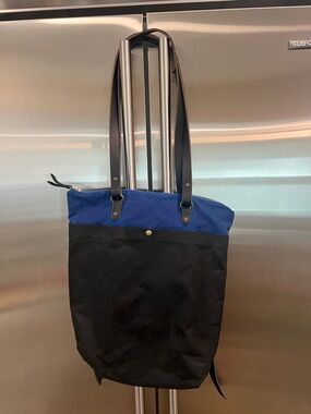 Klum House Canvas Two-Tone Black and Blue Tote with Leather Straps.